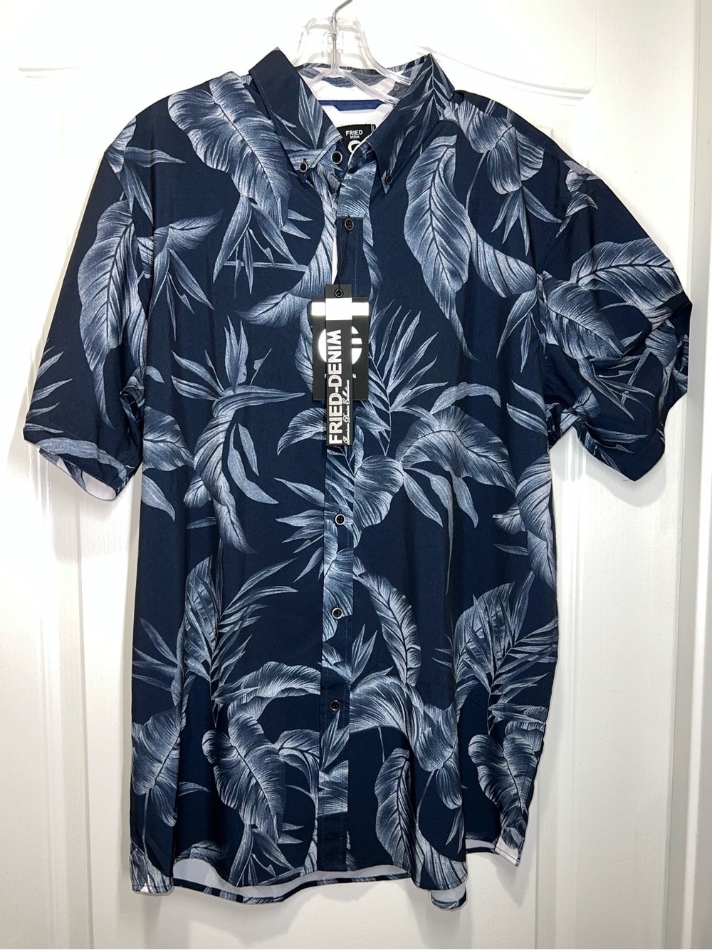 Fried Denim Short Sleeve Navy & White Hawaiian Button Up Collared Shirt Men’s XL